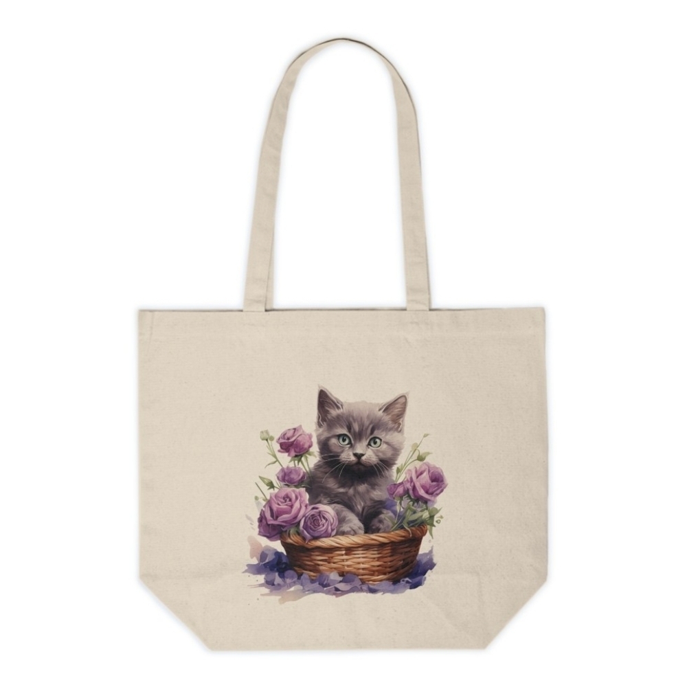 Floral Cat in a Basket Custom Canvas Tote Bag